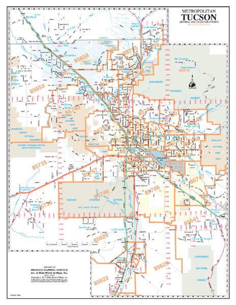 Metropolitan Tucson Arterial And Collector Streets Zip Codes Wall Map