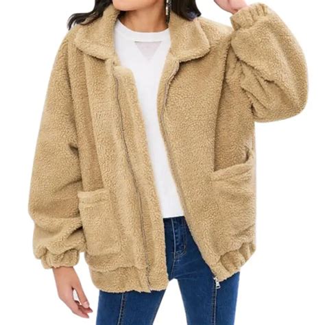 missky new autumn winter women warm fleece jacket solid color fluffy coat zipper long sleeve top
