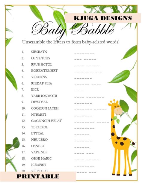 Safari Theme Baby Shower Baby Babble Game Instant Download 2 Etsy