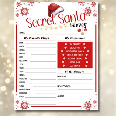 Secret Santa Survey Secret Santa Questionnaire Printable Holiday T