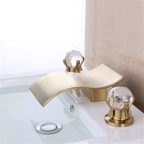 Deck Mount Widespread Waterfall 2 Crystal Handle Bathroom Sink Faucet
