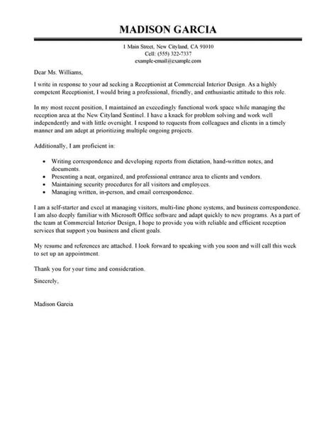 Receptionist Cover Letter Letterly Info