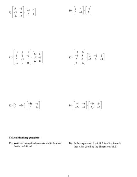 Matrix Multiplication Worksheet Free Printable