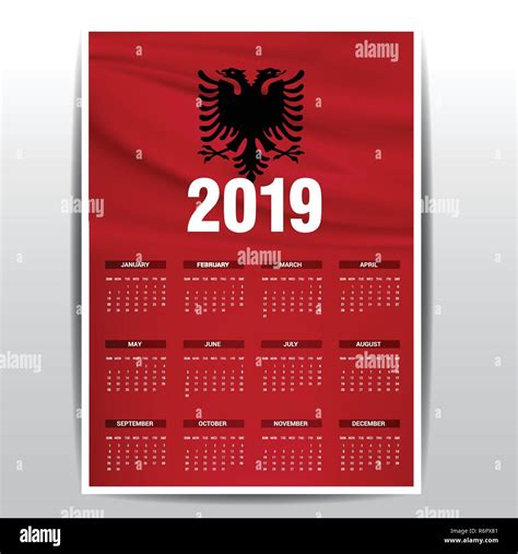 Calendar 2019 Albania Flag Background English Language Stock Vector