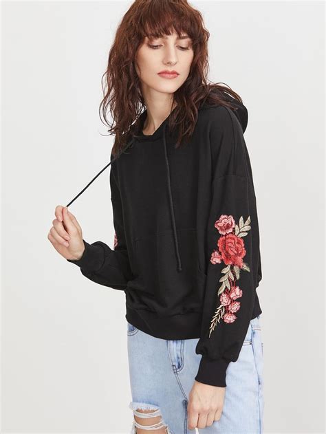 Black Drop Shoulder Embroidered Flower Applique Hoodie Women Hoodies