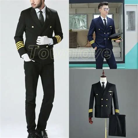 Mens Airline Captain Suit Jacket Pants Pilot Blazer Aviator Costume