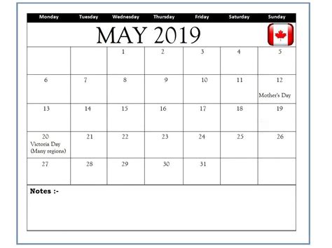 May 2019 Canada Holidays Calendar Holiday Calendar Calendar Federal