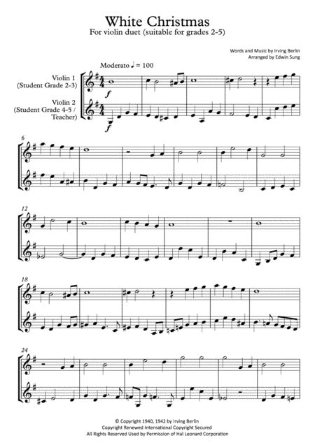 Score,sheet music single sheet music by irving berlin : White Christmas (violin duet,~grades 2-5,part scores ...