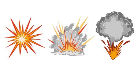 Explosion Set Cartoon Dynamite Or Bomb Explosion Fire Boom Clouds