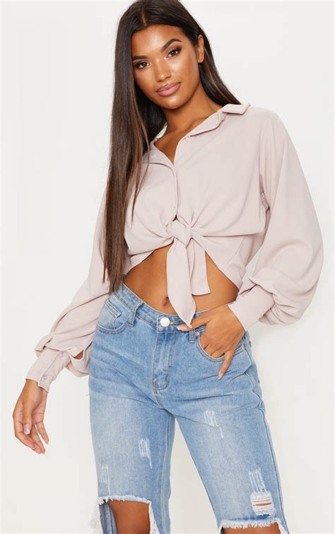 Blush Crepe Tie Front Crop Shirt Tops Prettylittlething