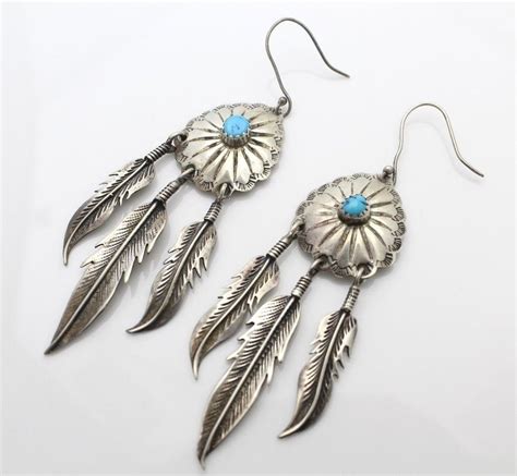 Vintage Navajo Sterling Silver Turquoise Feather Dangle Earrings Long