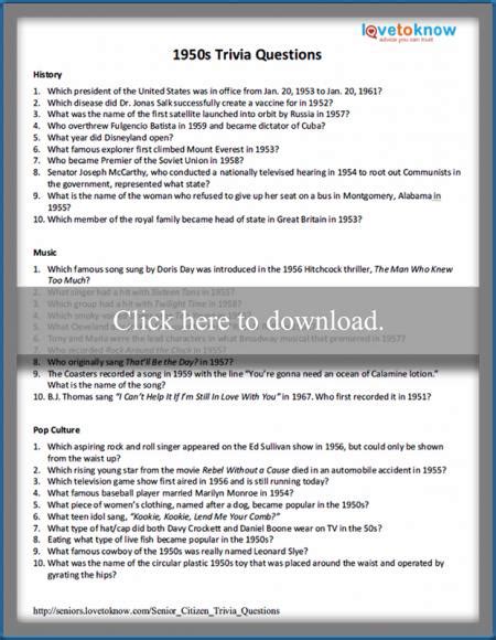 Download or print a copy of the trivia questions page for the person leading the trivia game and asking the questions. 50s Trivia Printable Questions and Answers | LoveToKnow