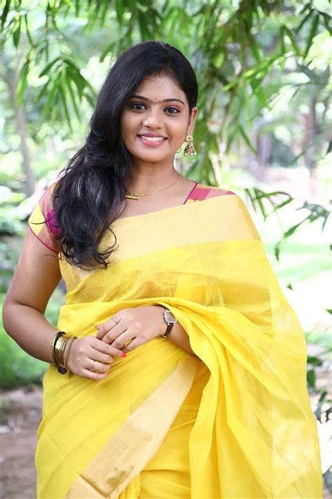 Beautiful Tamil Girl Megana In Traditional Indian Yellow Saree Indian