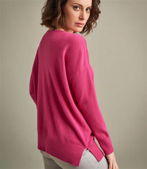 Fuchsia Pink Womens Luxurious Pure Cashmere Boat Neck Sweater