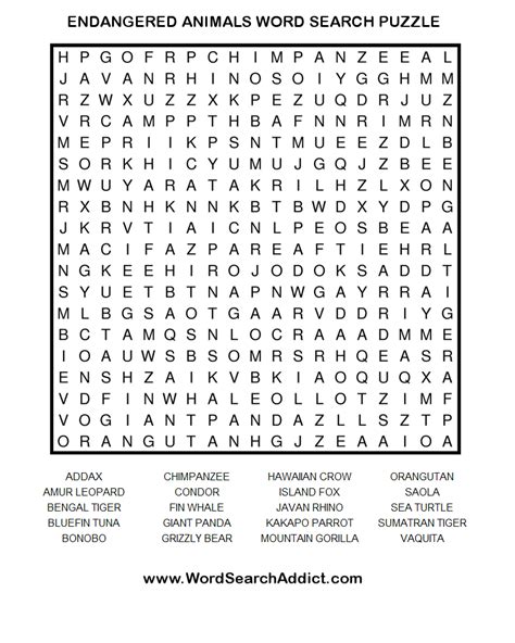 Endangered Animals Printable Word Search Puzzle Endangered Animals