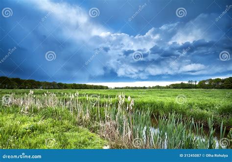 Stormy Cloudscape Over Green Meadow Stock Image Image Of Outdoors