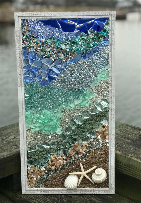 21x 11 Mosaic Coastal Window Mixed Media Sea Etsy Uk Sea Glass Mosaic Glass Window Art