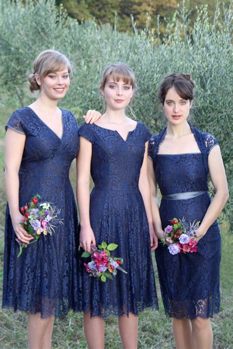Bespoke Lace Bridesmaid Dresses Midnight Blue Tea Length Bridesmaid