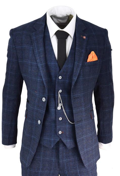 Mens Navy Blue Check 3 Piece Suit Buy Online Happy Gentleman