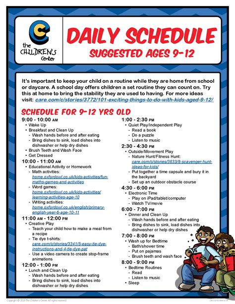 Daily Schedule Ages 9 12 The Childrens Center