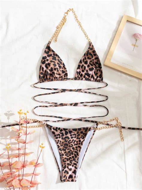 Leopard Chain Linked Triangle Thong Bikini Swimsuit