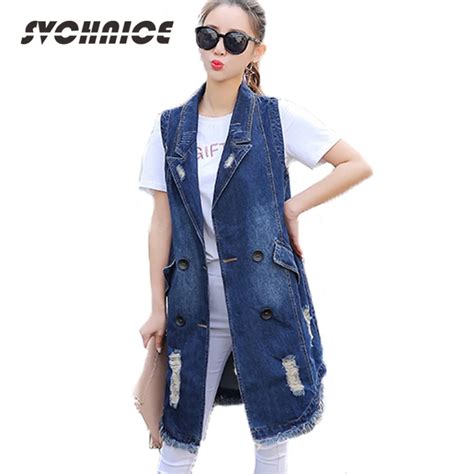 S 3xl Plus Size Womens Denim Vest Summer Long Denim Vest Women Sleeveless Jacket Ripped Hole