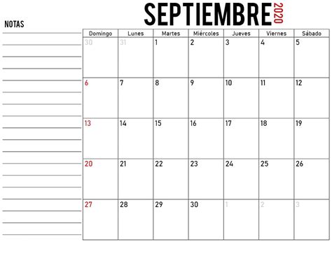 Calendario Septiembre 2020 Con Notas Gratis Calendarena
