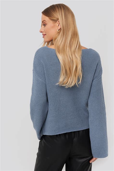Cropped Long Sleeve Knitted Sweater Blå Na