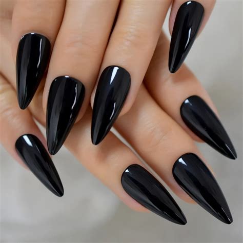 Glossy Black Stiletto Long Press On Nails Witchy Goth Alt Etsy