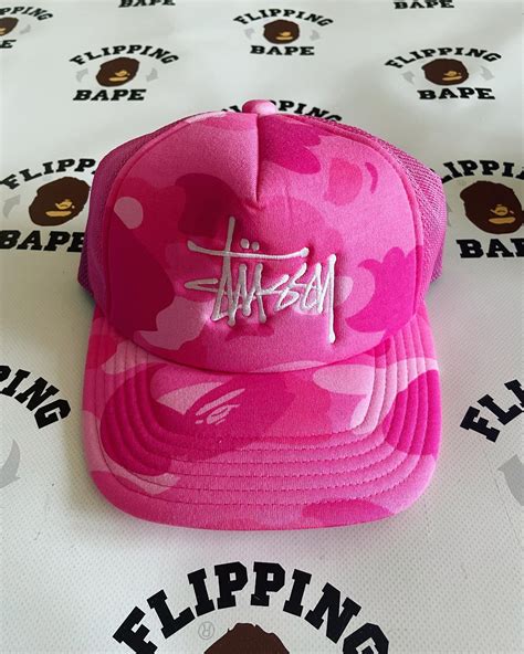 Bape Bape X Stussy Trucker Hat Pink Grailed