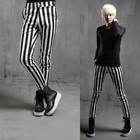 27 44 2019 black and white vertical stripe skinny trousers men s clothing slim casual pants