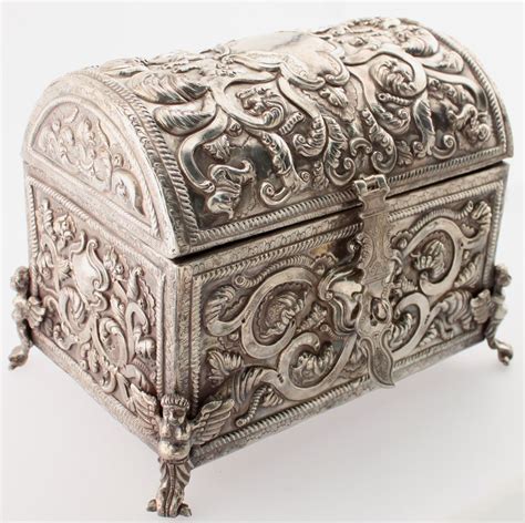 Sterling Silver Ornate Heavily Chased Treasure Chest Style Jewelry Box