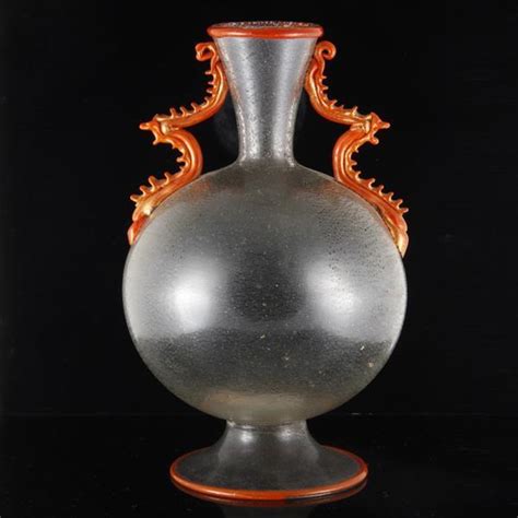 Lot Fratelli Toso Murano Art Glass Vase With Applied Orange Handles