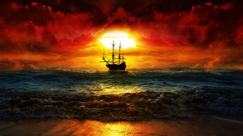 Rigging Ship Sunset Sky Dark Red Ocean View Sun Waves Sailing