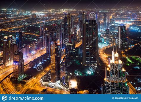 Aerial View Of Dubai Streets At Night United Arab Emirates Stock Image