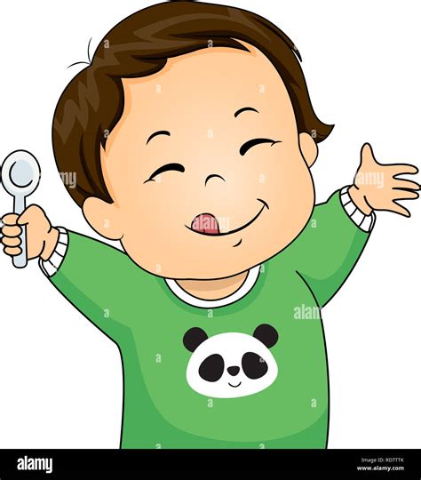 Illustration Of A Kid Boy Toddler Holding A Spoon With Tongue Out