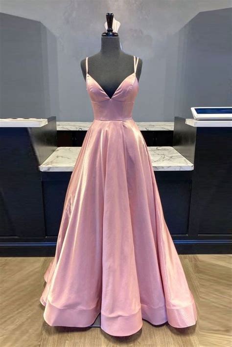 2020 Simple V Neck Pink Satin Long Prom Dress Pink Formal Dress Pink