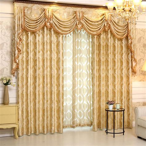 Gold Floral Jacquard Polyester Luxury Damask Curtains For Living Room