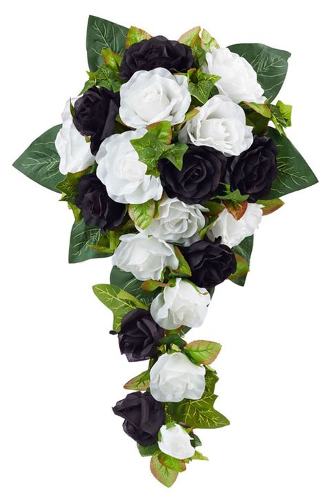 Black And White Silk Rose Cascade Bridal Flower Wedding Bouquet