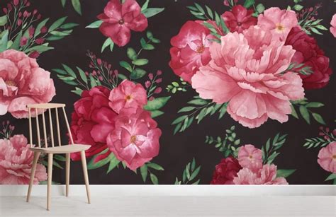 Pink And Black Floral Wallpaper Modern Flower Design Muralswallpaper