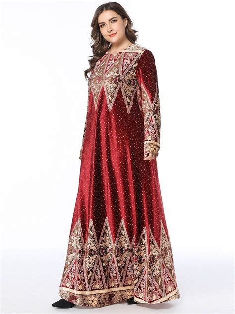 Xl Plus Size Muslim Women Long Sleeves Velvet Embroidery Dubai Wine
