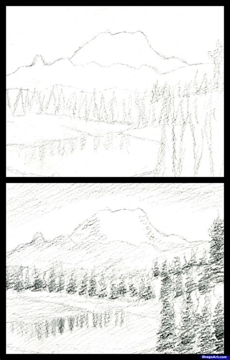 Take the 2b pencil now, tilt it (change the grip) and darken the shadowed side of each ridge. How to Draw a Realistic Landscape, Draw Realistic ...