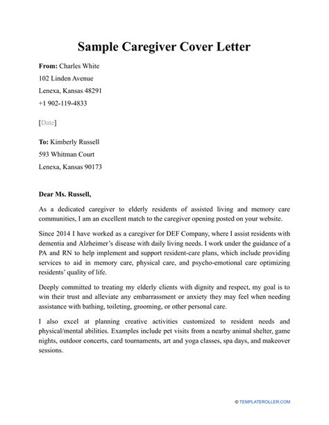 Sample Caregiver Cover Letter Download Printable Pdf Templateroller