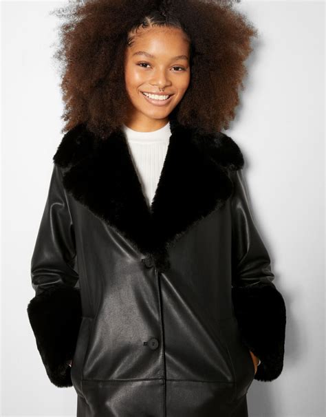 Long Faux Leather Coat With Faux Fur Details Woman Bershka