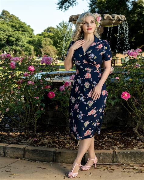 Peggy Wrap Dress In Navy Floral Dancer Print Classic 1940s True Vin