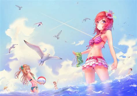Wallpaper Illustration Birds Redhead Sea Long Hair Anime Girls Water Short Hair Sky
