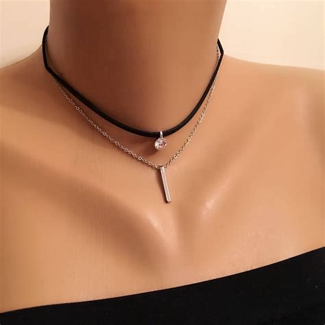 Crystal Dainty Choker Necklace Suede Leather Necklace Black Etsy