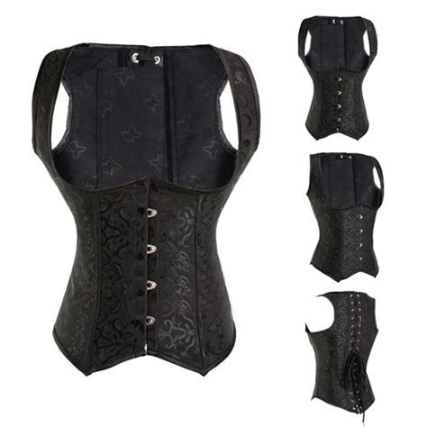 Black Steel Boned Waist Trainer Corset Burlesque Costume Overbust Corsets And Bustiers Top