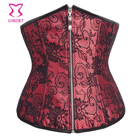 21629 red brocade and black leather strappy halter top sexy corset gothic clothing steampunk
