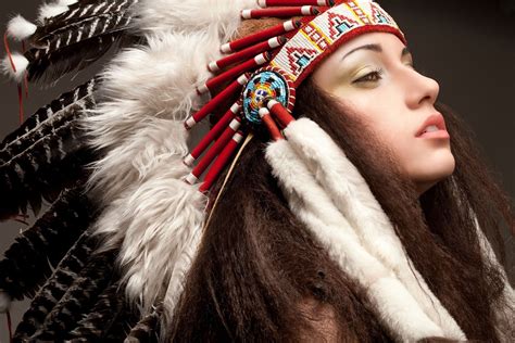 Women Model Long Hair Face Feathers Native Americans